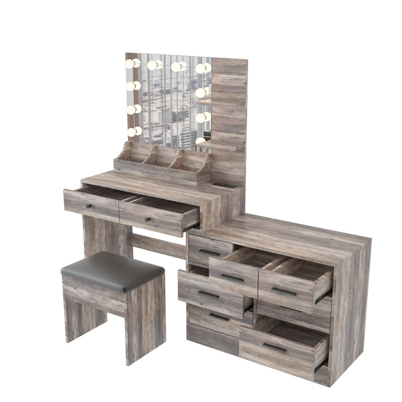 Makeup Vanity With Lights, Charging Station And Mirror, Black, Gray