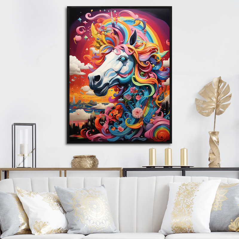 Coloré, arc-en-ciel, fantaisie, licorne - art mural licorne, Cadre flottant noir, H 44 po x l 34 po x P 1,5 po
