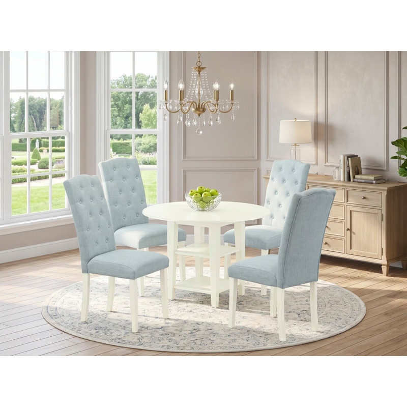L'ensemble de mobilier de salle à manger 5 pièces comprend une table ronde avec Dropleaf et des tablettes et 4 chaises Parson en tissu bleu bébé, lin blanc