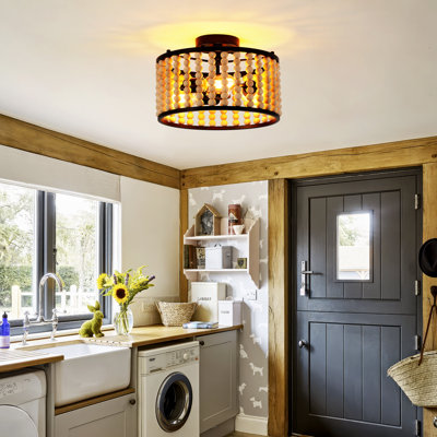 Plafonnier encastré à billes en bois Boho, 13 po de diamètre, noir, 3 lumières E26