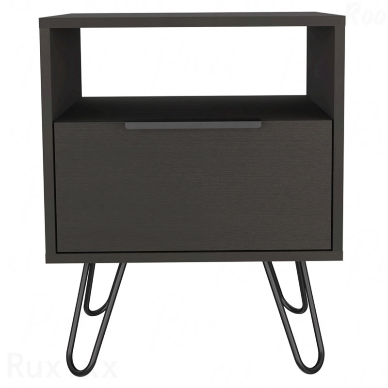 Table de chevet noire, table de bout avec armoire à porte simple et pieds en épingle à cheveux