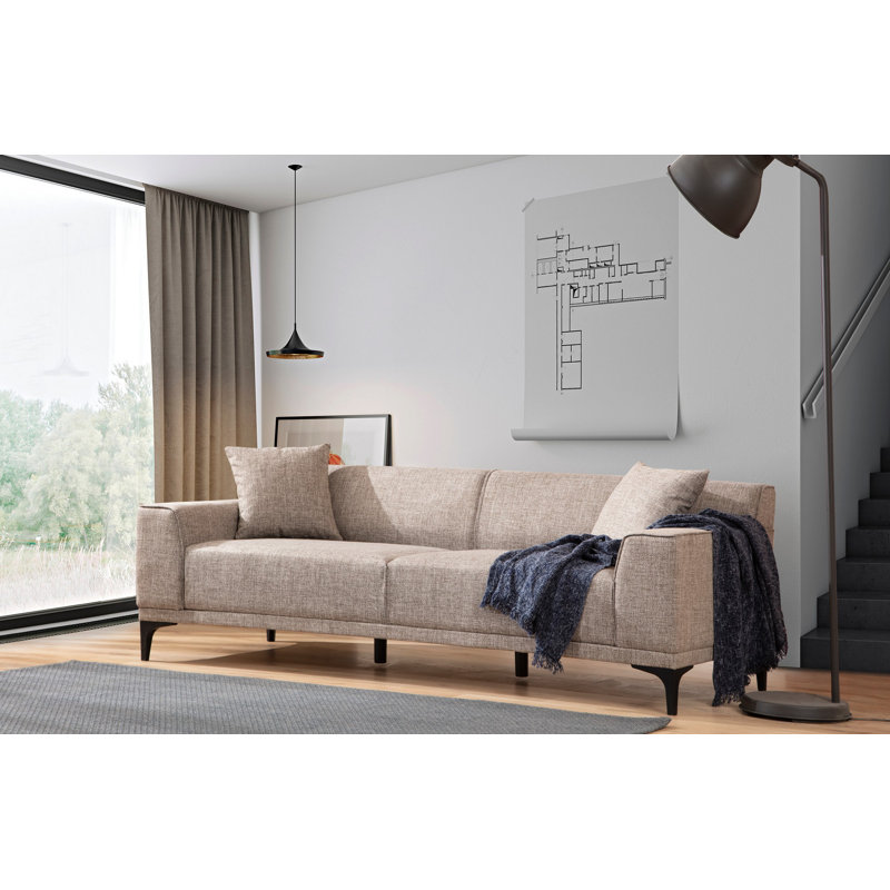 Élégant canapé 3 places, couleur fauve, 84,6 po x 34,3 po x 33,9 po | Structure en bois de hêtre durable et en carton, tissu 100% polyester | Coussins en mousse souple et plumes, 2 coussins inclus | Parfait pour les salons modernes et les décors scandinaves