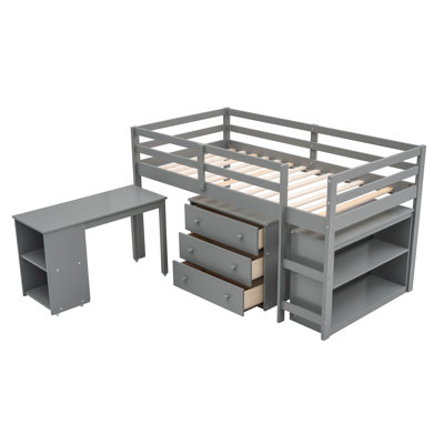 Low Twin Loft Bed with Cabinet and Rolling Desk, Gray – Study Loft Bed with Storage and Workspace