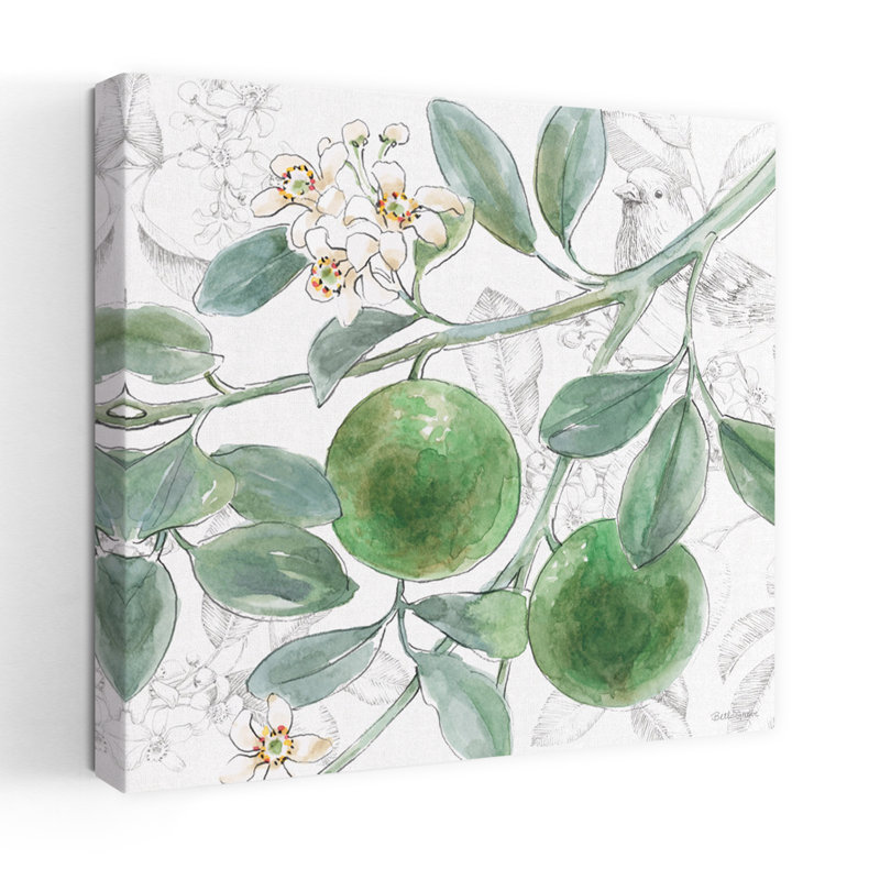 Art contemporain avec ailes de citron et branches en fleurs, H 18 po x l 18 po