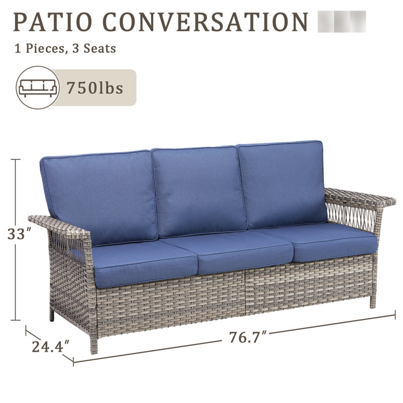 Canapé d'extérieur, 76,7 po de largeur, housses de coussin bleues, sièges confortables, résistance aux intempéries