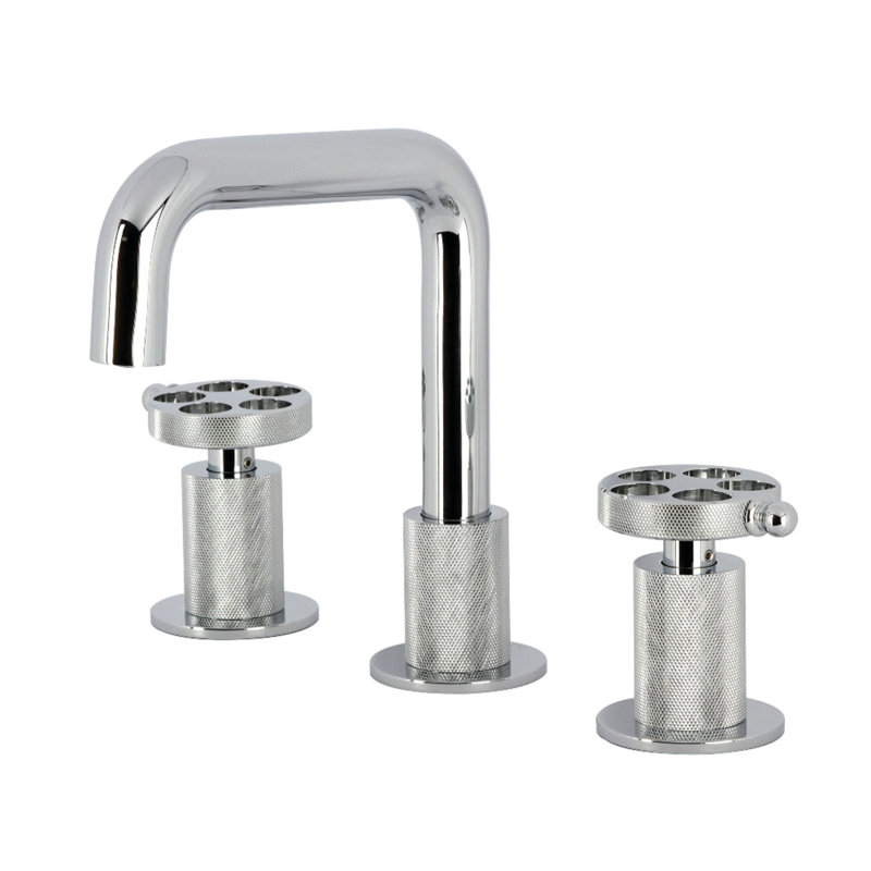 Kingston Brass Wendell Two-Handle 3-Hole Deck Mount Widespread Bathroom Faucet with Knurled Handle and Push Pop-Up Drain