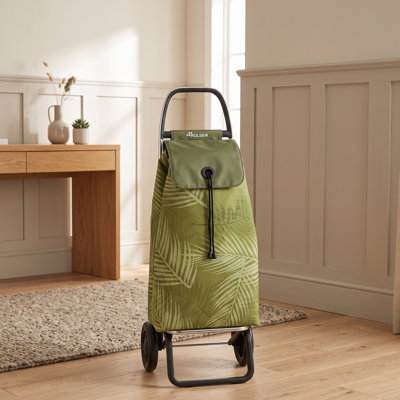 Chariot convertible IMAX Costa Rica, imprimé palmier vert olive - Cadre en aluminium léger, chariot d'épicerie pliable avec grandes roues