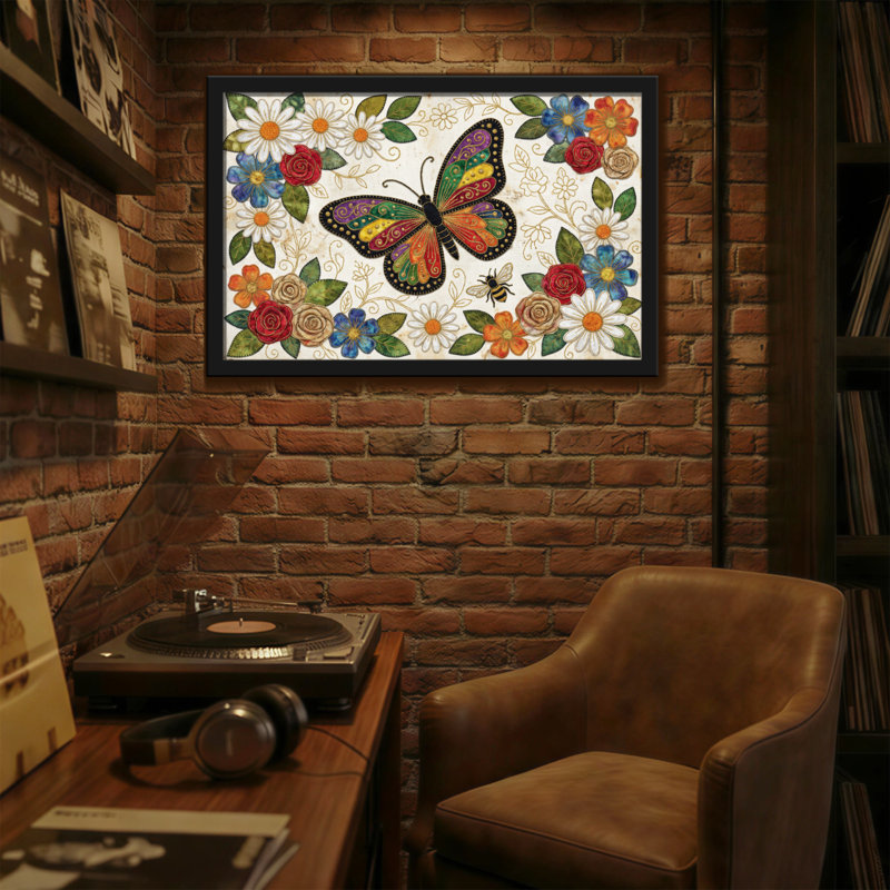 Animaux, motif floral de jardin avec abeille, H 12 po x l 18 po