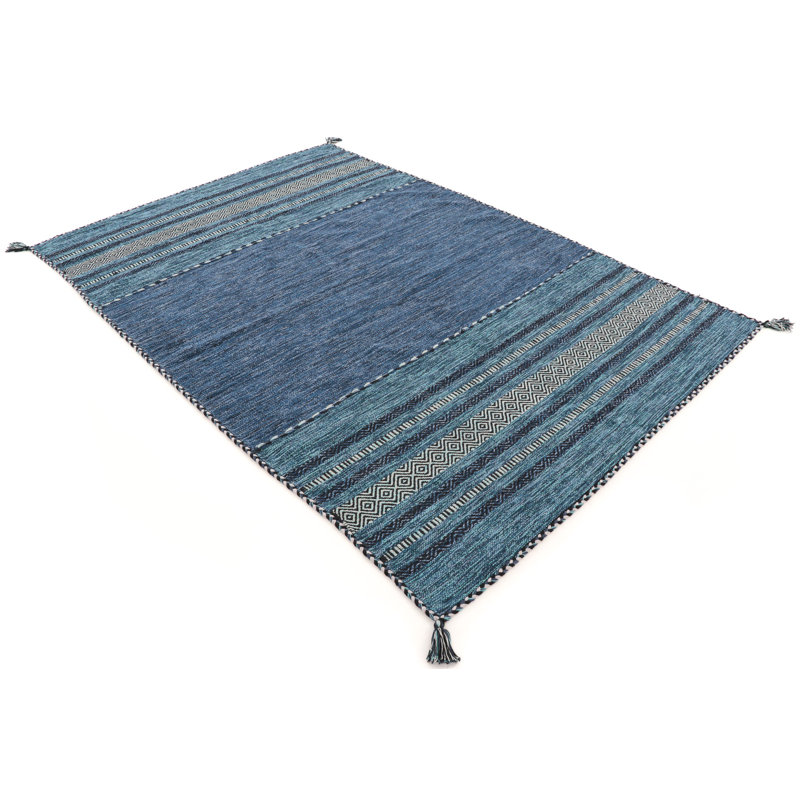 Azizi Striped Hand Woven Cotton Blue Rug, Rectangle 200 x 290cm