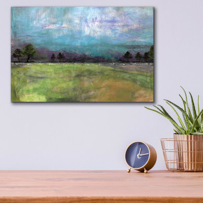 «Abstract Aqua Sky Landscape» par Jean Plout, art mural en verre acrylique, 16 po x 12 po