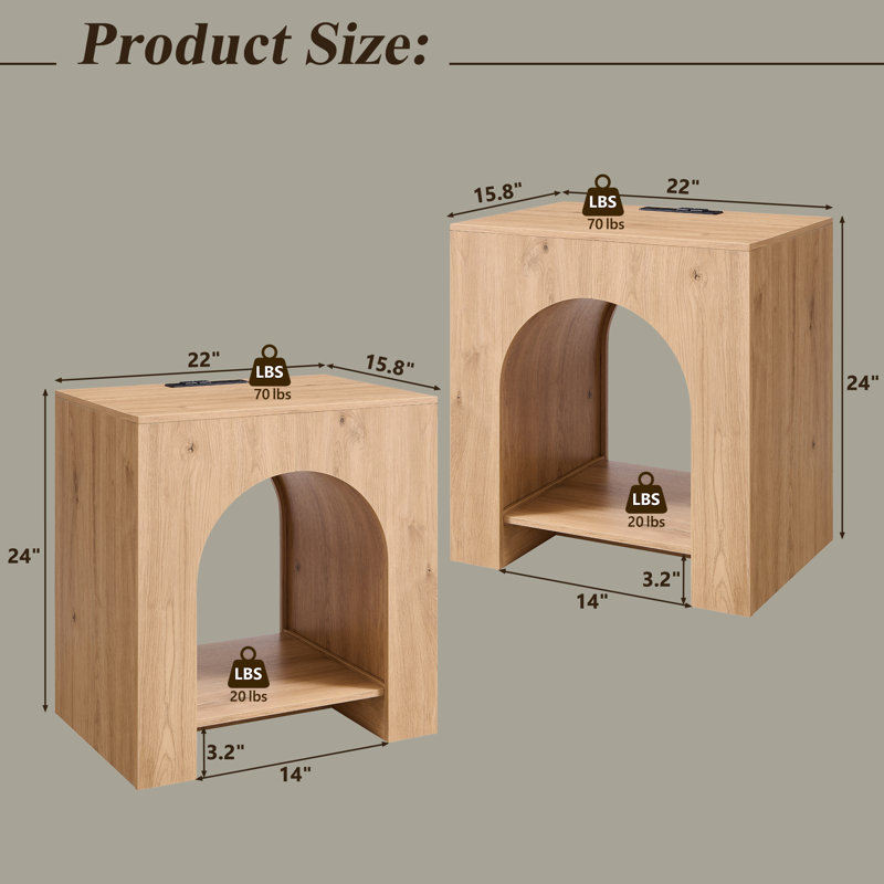 Arched End Table Set of 2 with Type-C Charging Station, 22" Modern Bedroom Sideboard with Arched Shelf, Natural, Set of 2