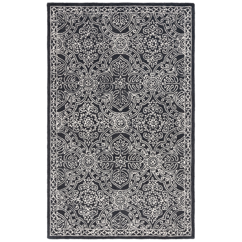 Etienne Lauren Ralph Lauren Hand Tufted Wool/Cotton Damask Rug in Ivory/Black, Rectangle 5' x 8'
