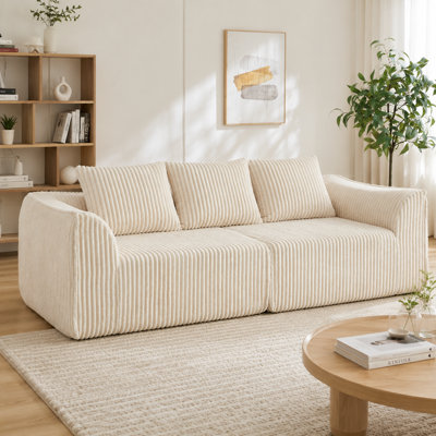 Canapé minimaliste 3 places en velours côtelé avec dossier incurvé, 3 coussins décoratifs et un coussin en forme de corne, canapé nuage moderne