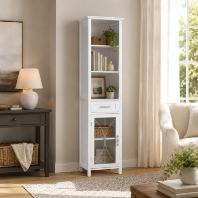 Freestanding Bathroom Linen Tower Storage Cabinet with Glass Door, Drawer, Open Shelves & Adjustable Shelves, White