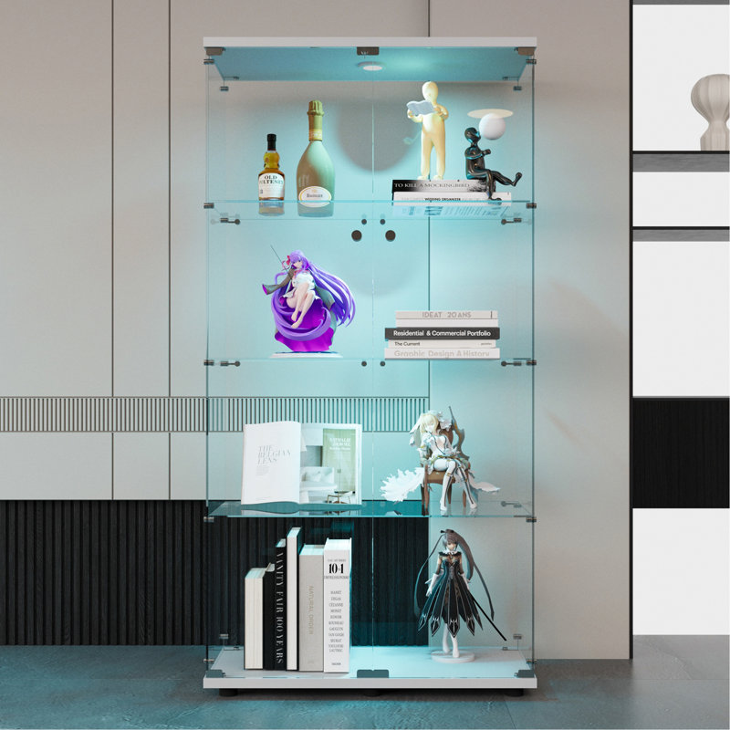 Two-Door LED Lights  Glass Display Cabinet 4 Shelves With Door, Floor Standing Curio Bookshelf For Living Room Bedroom Office, 64.7"*31.7"*14.3", White