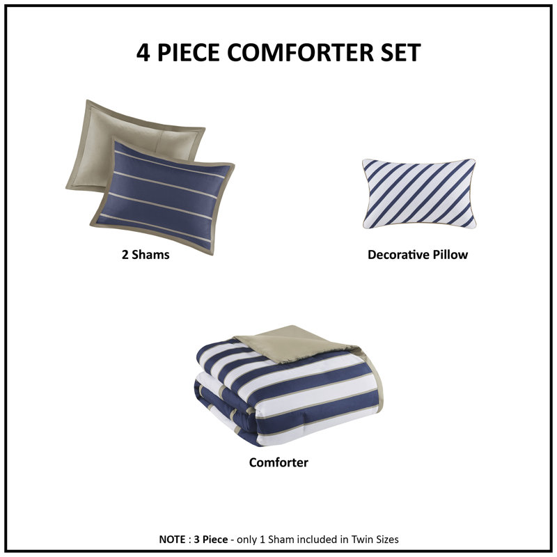 Ashton Striped Comforter Set, Full/Queen Comforter + 2 Shams + 1 Pillow, Khaki/Navy