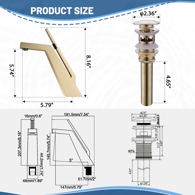 8.2" Solid Brass Single Hole Bathroom Sink Faucet With Drain Assembly, Brushed Gold