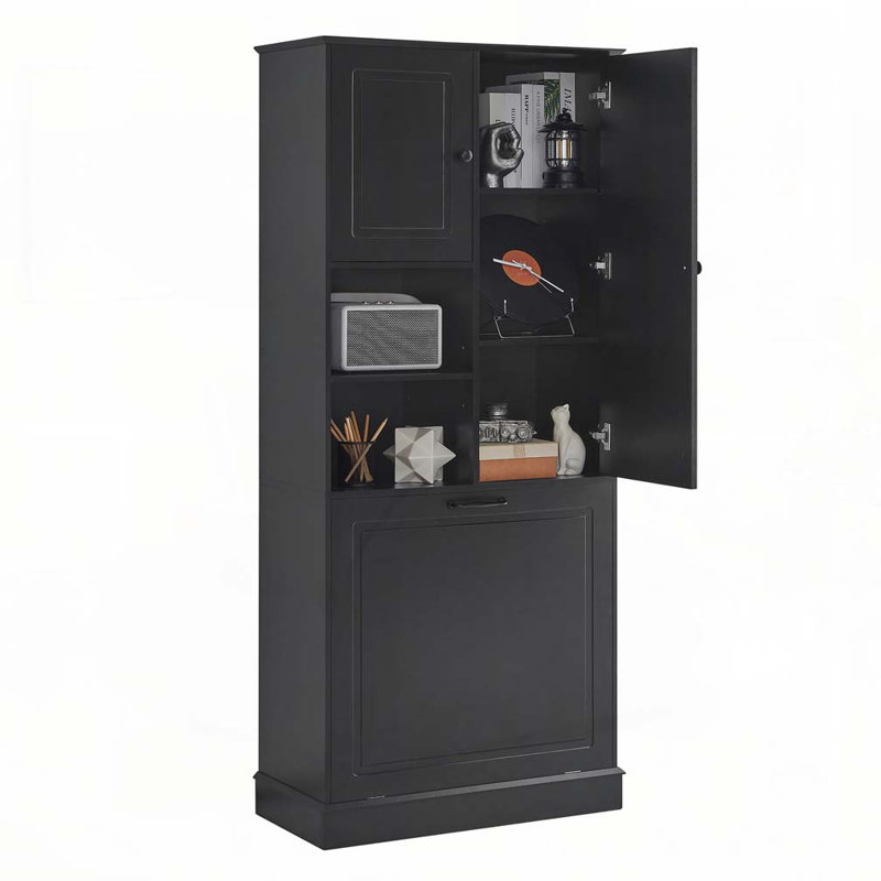 Armoire de salle de bain avec tablettes réglables, grand panier rabattable et armoire fermée, Noir