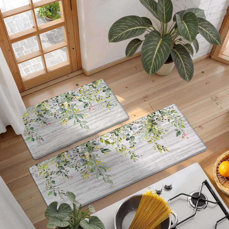 Anti Fatigue Non-skid Waterproof Kitchen Mats Set Of 2 Green Eucalyptus Kitchen Rugs For Floor