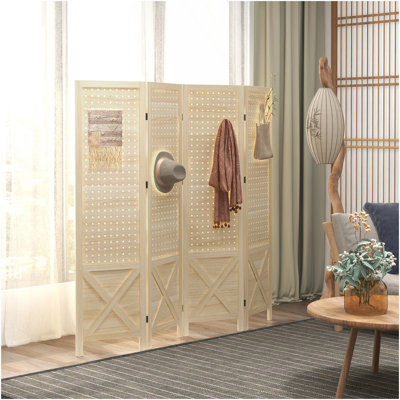 Paravent en panneau perforé à 4 panneaux HOMcom, écran d'intimité pliable portatif en bois de 4,7 pi de hauteur, cloison de séparation pour bureau personnel, naturel