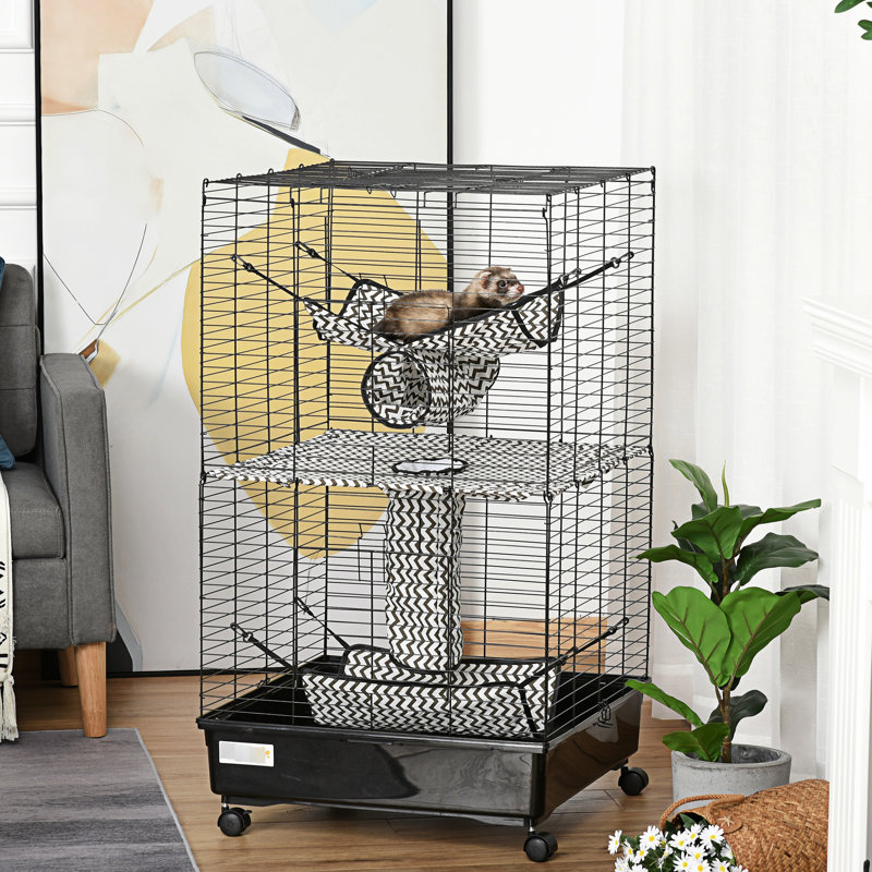Cage pour animal de compagnie 42 po, noire - Comprend des roues, des freins et plusieurs plateformes pour petits animaux