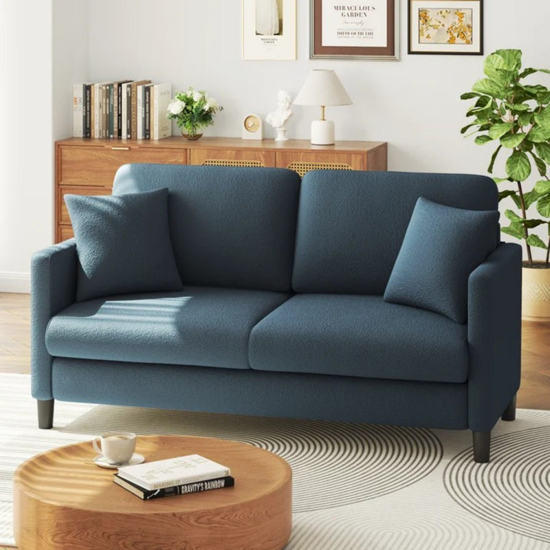Modern 148cm Teddy 2-Seater Sofa with Square Armrests and Two Throw Pillows, Blue/Grey