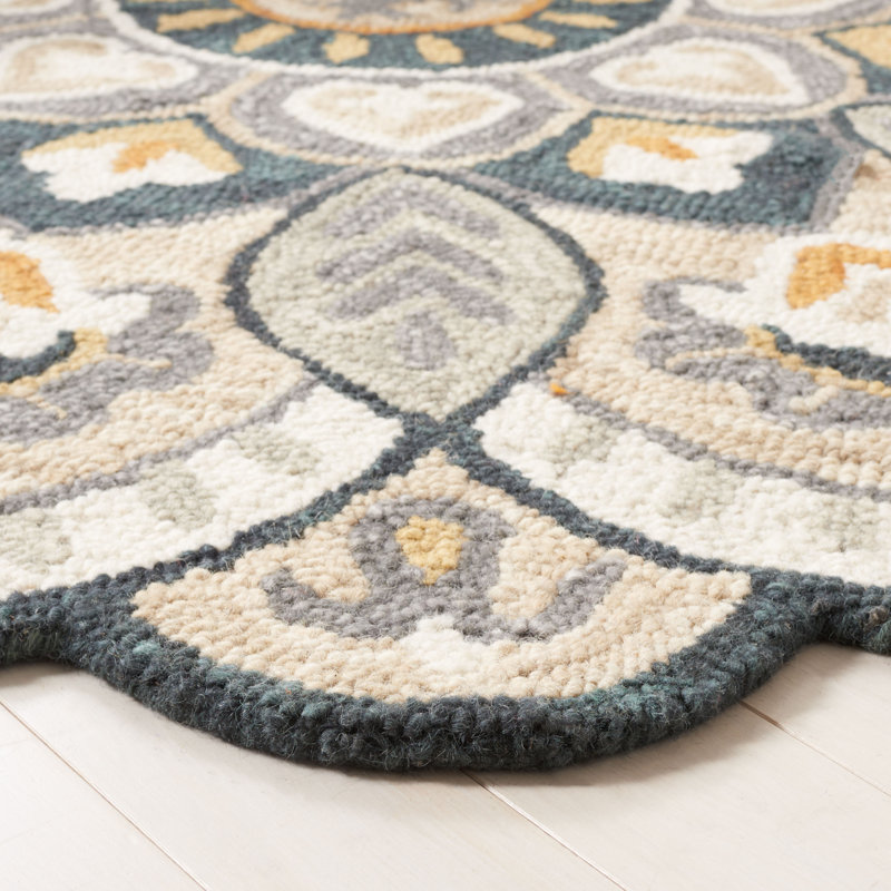 Novelty Fraida Hand Tufted Wool And Cotton With Latex Floral Rug, Round 10', Beige/Navy