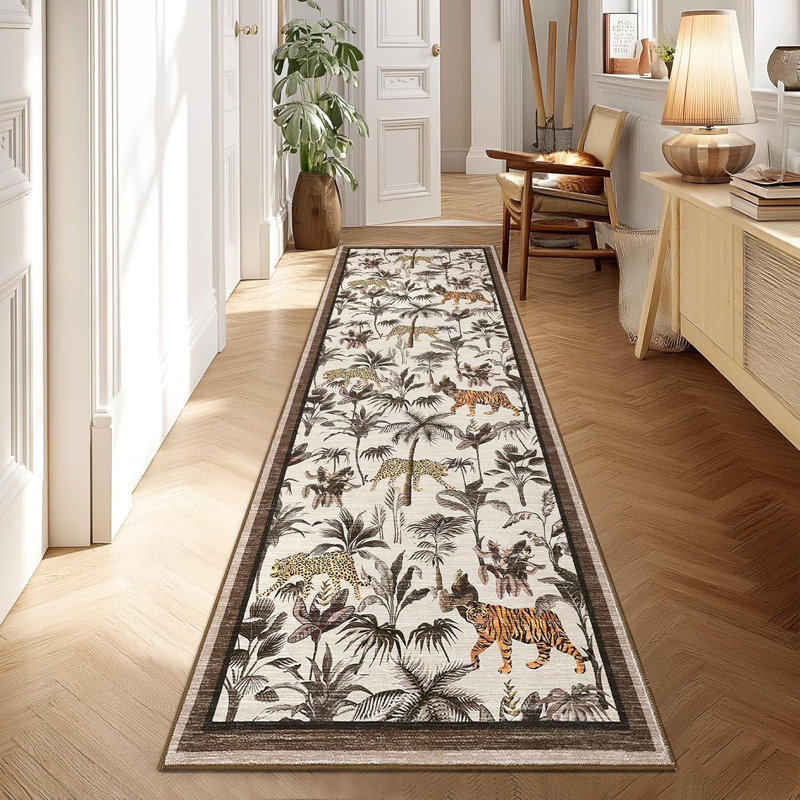Washable Tiger Runner Rug for Kitchen 2x6 Non-Slip Non-Shedding Animal Floral Long Carpet, Low Pile Botanical Floor Covering, Foldable Black