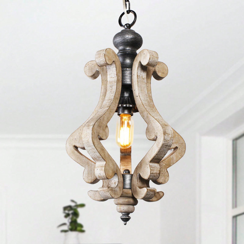Farmhouse Cottage 1-Light Wood Chandelier With Adjustable Chain For Kitchen Island, Weathered Wood