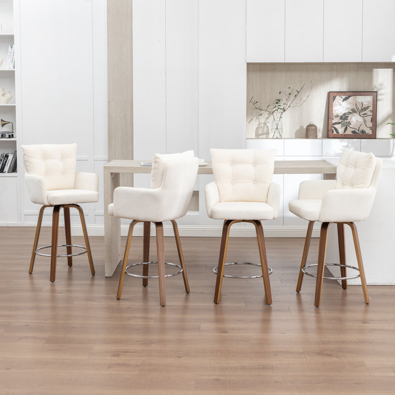 Ensemble de tabourets de bar 4 pièces avec pieds en bois courbé et coussins moelleux, Blanc