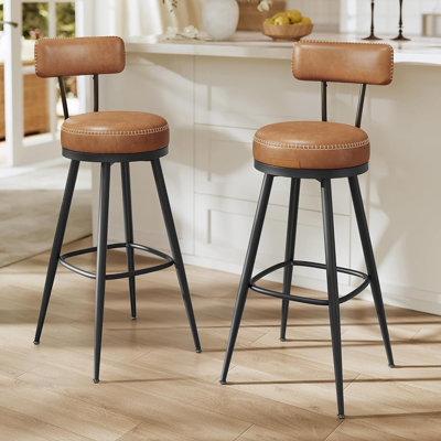 Set Of 2 Mid-Century Modern Swivel Counter Height Bar Stools With Back, PU Leather Upholstered With Stitching, Caramel Brown