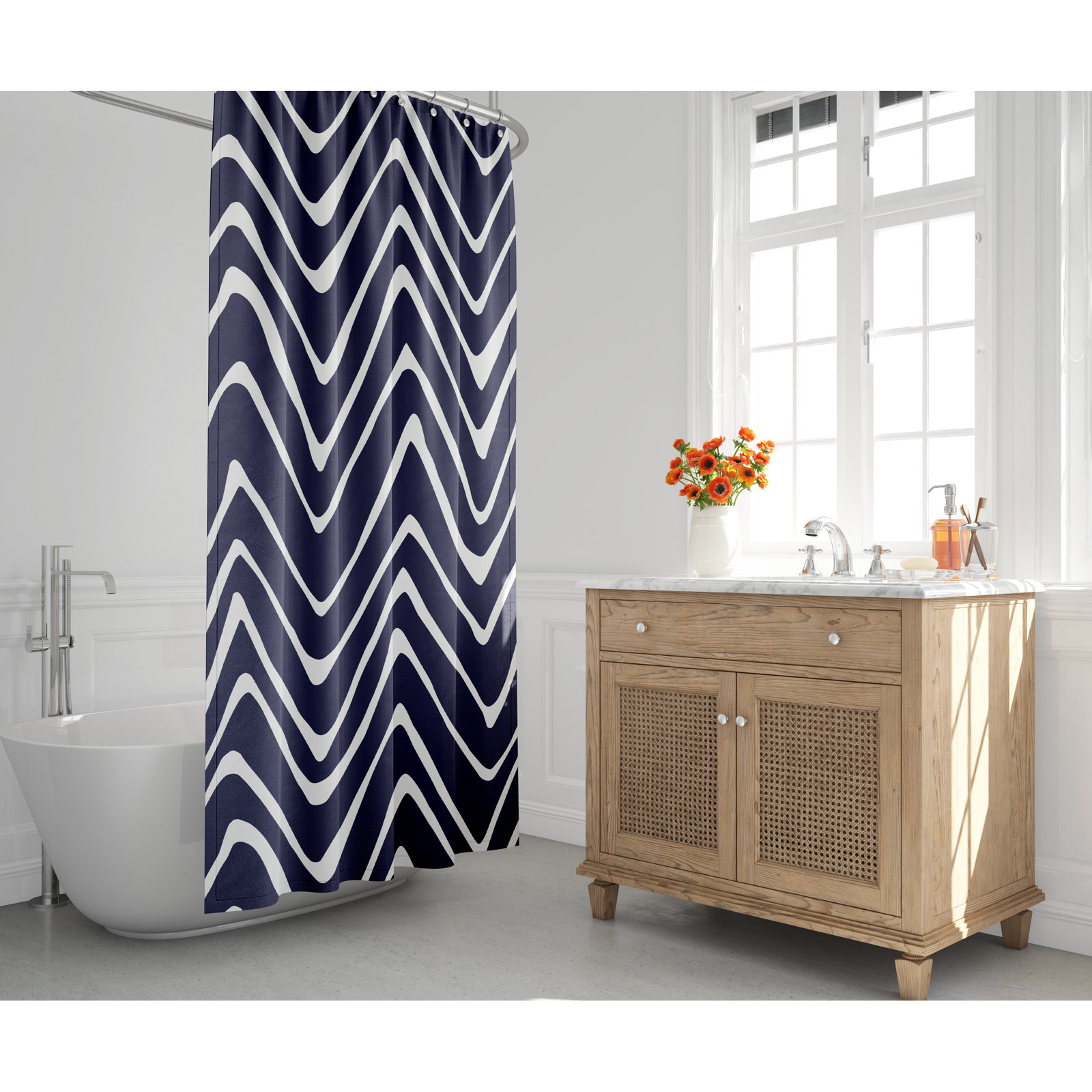 Polyester Shower Curtain, Navy Blue/White