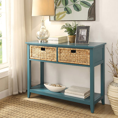 Teal Console Table With Drawer And Bottom Shelf Organization - For Entryways Solid Wood Leg Construction Stability Rectangular Space Ideal For Support