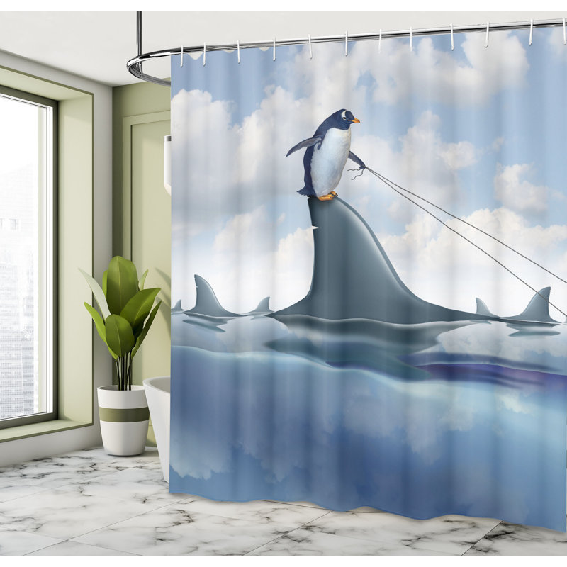 East Urban Home Shark Shower Curtain Penguin Holding Wild Fish Blue Grey Dust, 70"H x 69"W