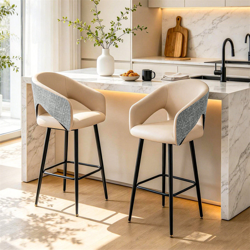 Tabourets de bar rembourrés en cuir modernes, haut dossier, ensemble de 2, kaki, Kaki