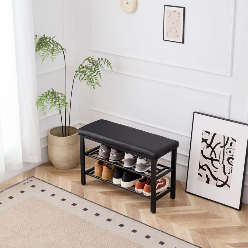 Compact 3-Tier Shoe Storage Bench With PU Cushion, Metal Mesh Shelves For Entryway And Hallway Organization