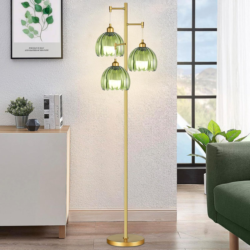 Mid Century Modern Glass Floor Lamp With Adjustable Arms, 3 LED Bulbs, And Brass Base For Living Room, Bedroom, Or Boho Decor