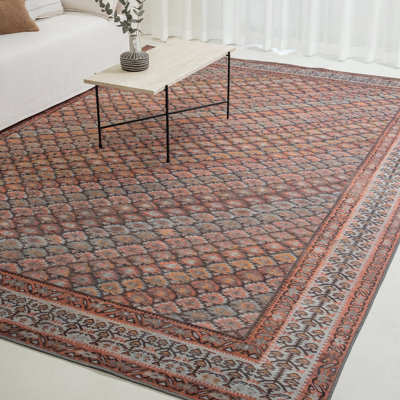 Tapis vintage Beauchamp, 7 pi 6 po x 9 pi 6 po | Style rétro, treillis inspiré de l'héritage, conception persane, palette terre cuite et gris anthracite, tissage plat dense