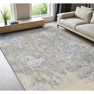 Tapis blanc et bleu noué à la main de haute qualité