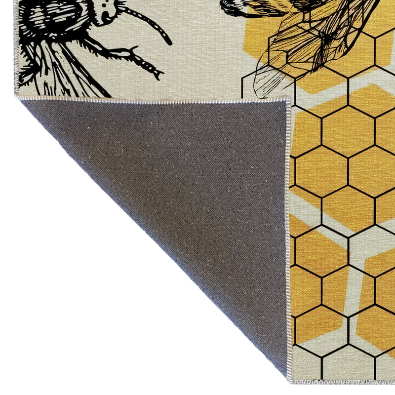 Tapis décoratif moderne jaune-beige à motif de ruche et d'abeille, Rectangle 4 pi 11,06 po x 7 pi 6,55 po