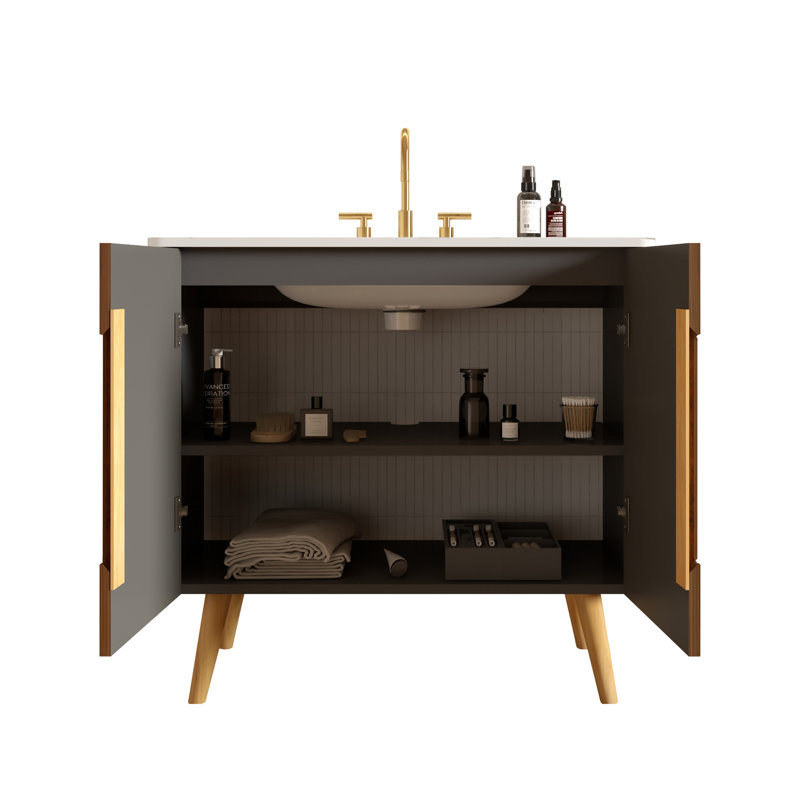 Ensemble de meuble-lavabo en noyer rayé 36 po avec lavabo blanc de Carrare Etna, L 36 po