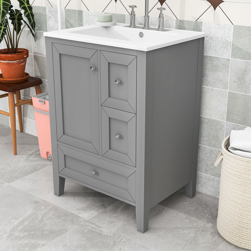 Meuble-lavabo 24 po avec lavabo, 3 tiroirs et portes, Grey