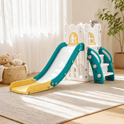 Toboggan 8 en 1 pour tout-petits, structure de jeux d'escalade en PEHD pour les enfants de 1 à 3 ans, centre d'activités intérieur/extérieur avec panier de basketball, télescope et rangement, style minimaliste moderne, orange et vert