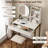 Small LED Lighted Vanity Desk with Mirror, Makeup Table with 3 Lighting Modes, Power Outlet, Drawer, Open Shelves & Cushioned Stool for Bedroom, White & Gold