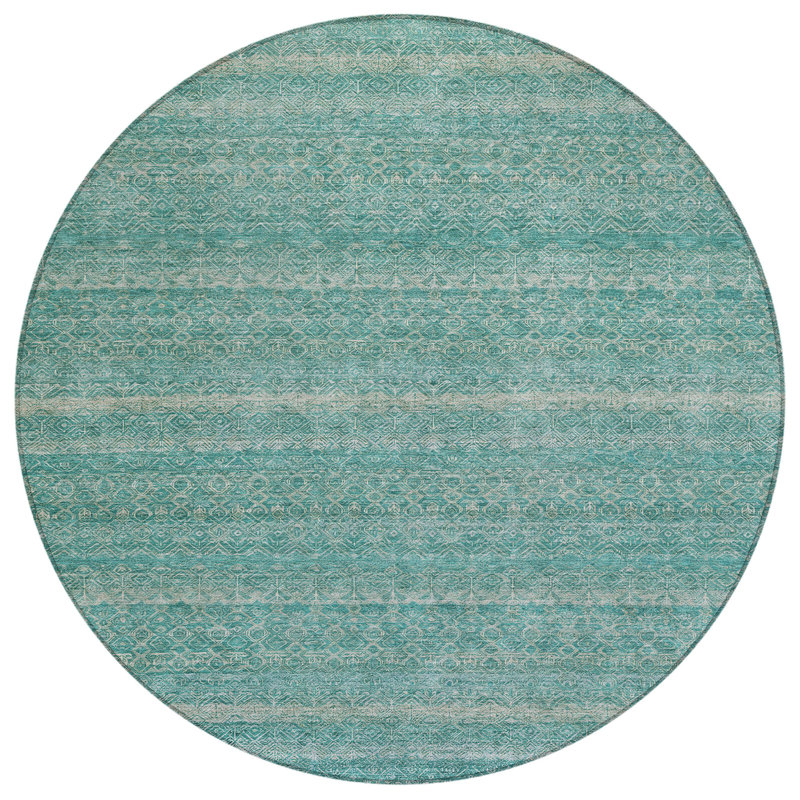 Machine Washable Indoor/Outdoor Xhevrie Teal Rug, Round 8'