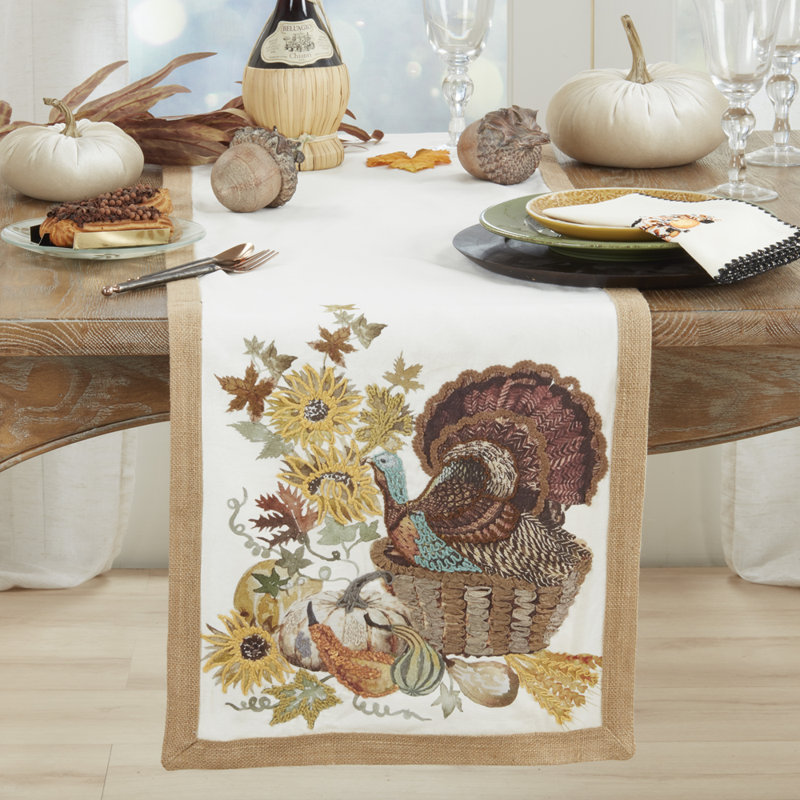 Fall Embroidered Turkey, Foilage And Sunflower Cotton Table Runner 16 X 72 Inch