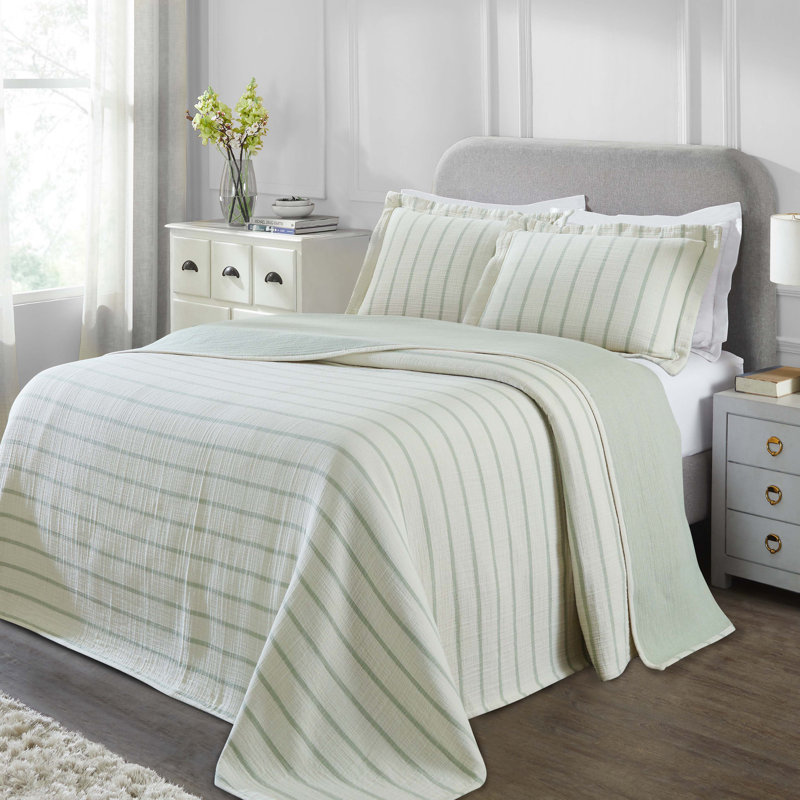 Acacia Valencia Cotton Reversible Medium Weight Matelasse Bedspread And Sham Set, Sage Striped