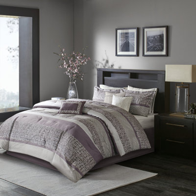 Ensemble de literie en jacquard luxueux 7 pièces, polyester mauve, décor de chambre moderne