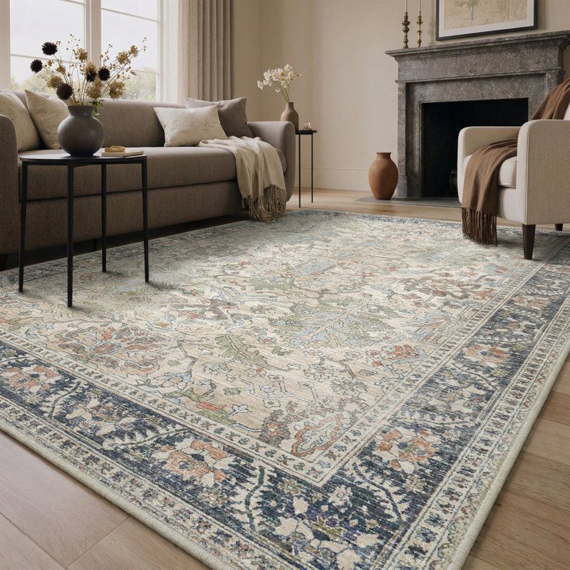  Tapis oriental rétro délavé à la machine, tapis antidérapant beige ivoire pour salon, animaux de compagnie et enfants, Beige