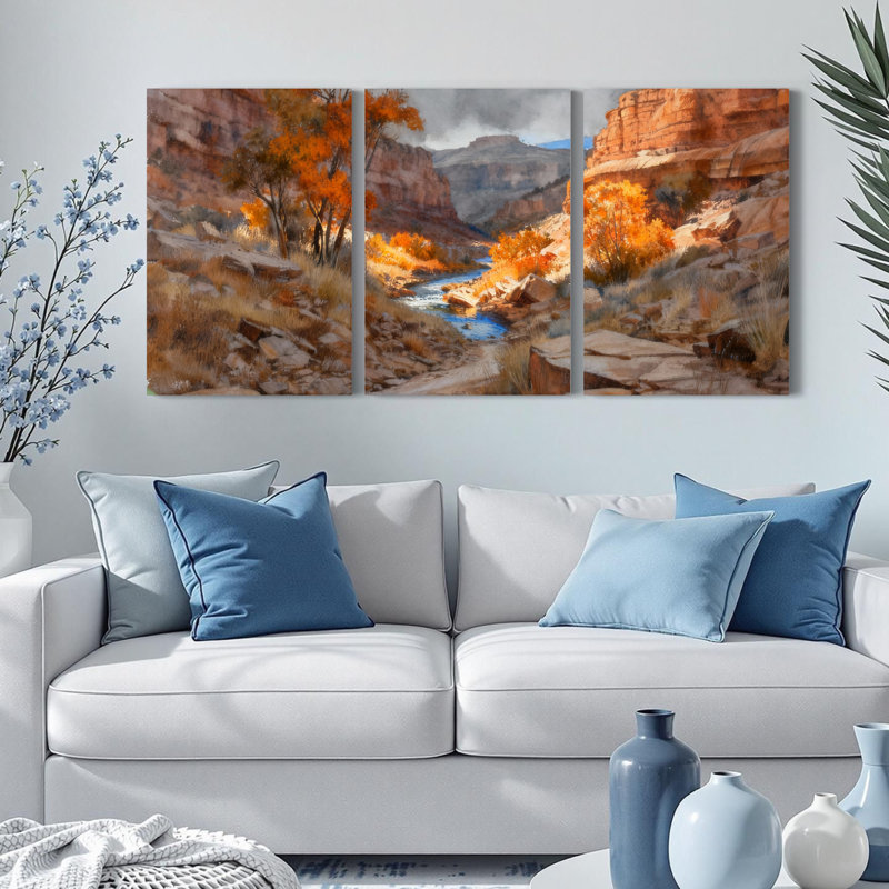 Ensemble de 3 tableaux sur toile représentant un paysage d'automne dans un canyon, H 24 po x l 48 po